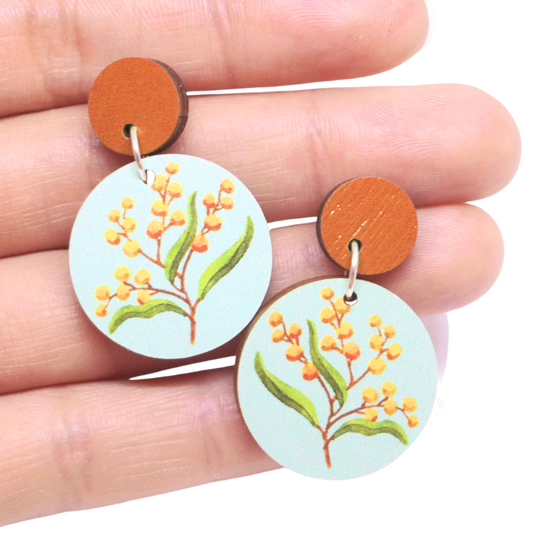 Earrings Round - Golden Wattle Australian Wildflower