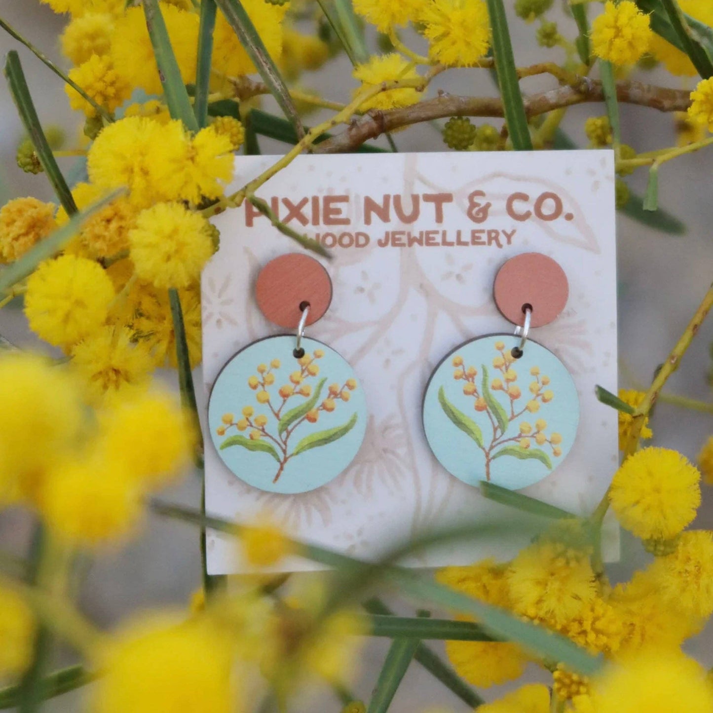 Earrings Round - Golden Wattle Australian Wildflower