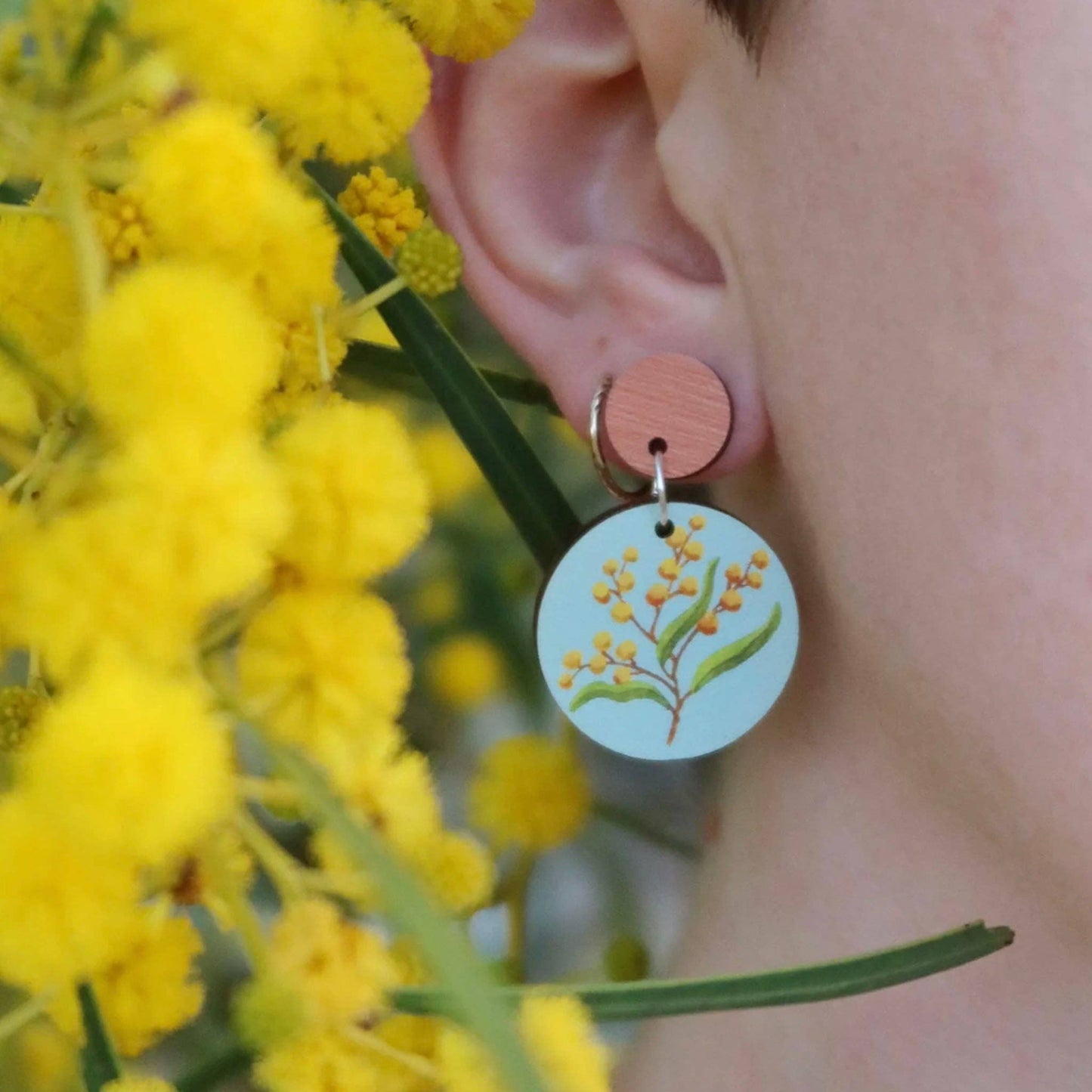 Earrings Round - Golden Wattle Australian Wildflower